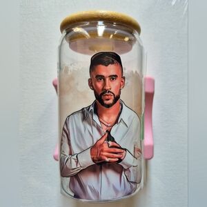 Bad Bunny 16oz Glass Tumbler - Custom Made To Order Includes Lid & Straw NEW